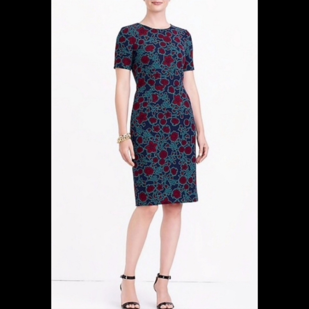 J. CREW Floral Printed Shift Sheath Dress Green Blue Burgundy Short Sleeve 0P